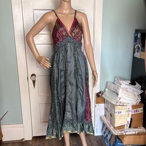 Jungle Billee Boho Maxi Dress with Pink Floral Bodice and Green Skirt Free Size